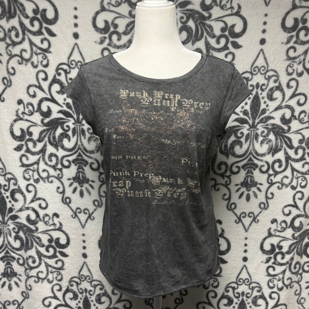 00s Mixit Grey Acid Wash Punk Graphic Rhinestone Sleeveless T-Shirt Distressed